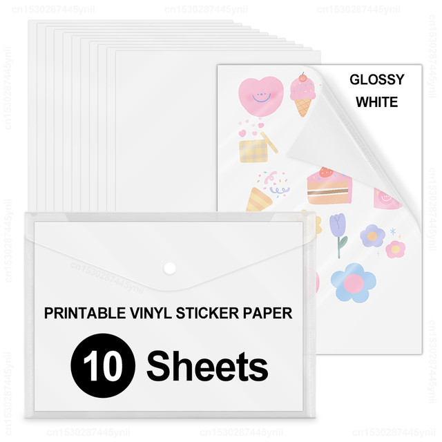 10 Sheets Glossy White Printable Vinyl Sticker Paper A4